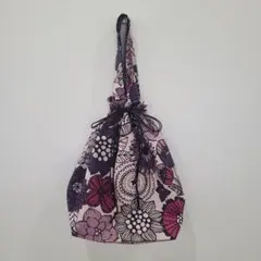 No.884 花柄 巾着バッグ 和装バッグ パープル系 ハンドメイド