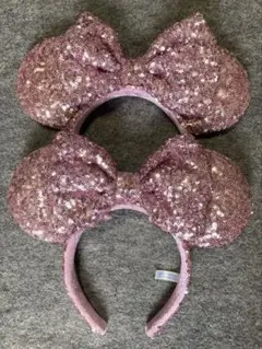 ディズニー　カチューシャ　スパンコール　ミニー　ピンク　淡い　リボン　セット