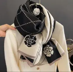 大判ストール　ショール　ブランケット モノトーン　黒　ベージュ　カメリア