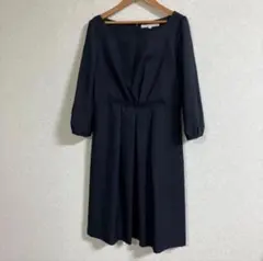 NATURAL BEAUTY ネイビー七分袖タックワンピースM