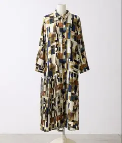 美品 ミナ ペルホネン 総柄コットンシルク混ワンピース 38 茶 青 長袖
