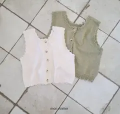 mon atelier スカラップ　ニットベスト S グリーン