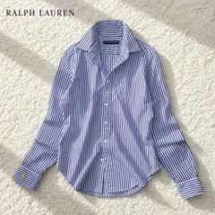 【美品】ラルフローレン 長袖シャツ ストライプ 刺繍ロゴ ブルー×ホワイト S