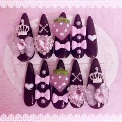 ♥︎現品♥︎ 量産型 地雷 ネイルチップ 平成女児 いちご リボン スカルプ つけ爪