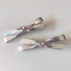 新品シルバー リボン ヘアクリップ 2個セット ヘアピン ヘアクリップ