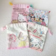 給食袋 おかし袋 学童 巾着 4枚セット プリンセス ドラえもん ハローキティ