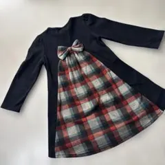 美品　黒長袖 ワンピース チェック柄リボン