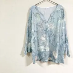 即購入OK✨水色 花柄Vネックチュニック 【L】 七分丈