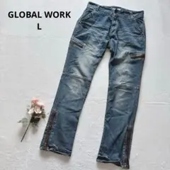 グローバルワーク バイカーデニム ストレートパンツ ジップデザイン ストレッチ