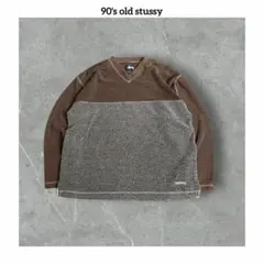 90s Old stussy 刺繍ロゴ Vネック ボアフリース スウェット L