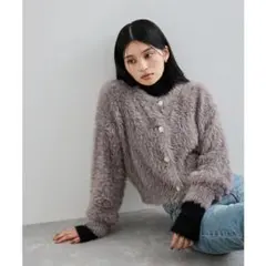 グレー ファー 長袖 カーディガン ショート クロップド