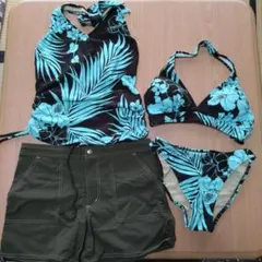 セパレート水着4点セット　ブラウン＆水色のフラワー柄　ビキニ　レディース