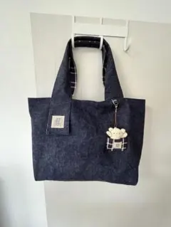 くま君デニムトートバッグ[ハンドメイド]紺タータンチェック、白くま君