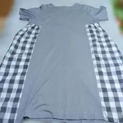 半袖ロングワンピースグレー 半袖 ロングワンピース チェック柄　Lサイズ