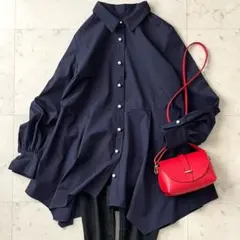 美品♪プラステ パールモチーフペプラムブラウス S ネイビー コットン混 洗える