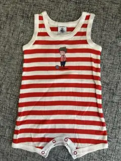 プチバトー　赤と白ストライプロンパース 3m/60cm