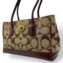 Coach Turnlock Signature Tote Bag Brown
