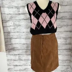 レディース　ミニスカート　茶色　セット　ベスト　コーデュロイ　スカート　冬服