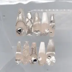 ネイルチップ オーダー ワンホン フレンチガーリー ロング リボン ちゅるん