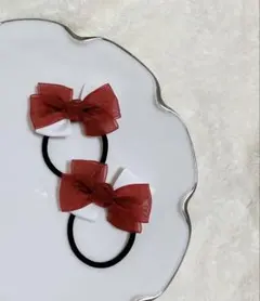 ベビー&キッズヘアゴム　オーガンジー　レッド　赤　リボン　クリスマス　サンタ