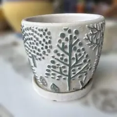 植物柄 陶器製 植木鉢 受け皿付き