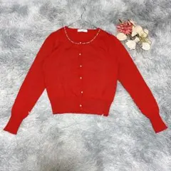 OFUON オフオン（M）長袖 カーディガン ビジュー クルーネック ウール混