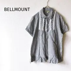 Z【BELLMOUNT】ストライプシャツ M 半袖 丸襟 コットン100％ 上品