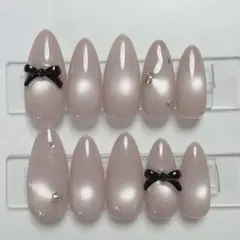 【現品】ネイルチップ 韓国風 マグネット シンプル リボン ガーリー ピンク