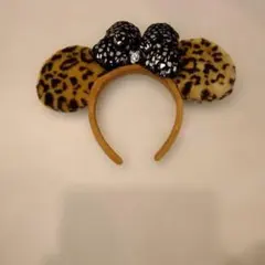 ディズニーミニー茶色ヒョウ柄黒シルバーリボンカチューシャ
