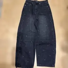 ビジュー付きダークデニムワイドレッグパンツ Mサイズ