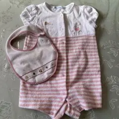 ストロベリー様専用　familiar ストライプロンパース 70cm、スタイ付き