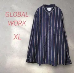 グローバルワーク フランネルストライプシャツ【XL】ネイビー/ストライプ 大きめ