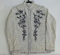 花柄刺繍 グレー 長袖カーディガン