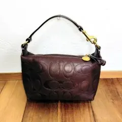 【美品】COACH シグネチャーレザー　ハンドバッグ　ポーチ　ダークブラウン