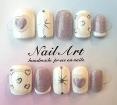 ハンドメイド ピンク　白　ハート柄　ネイルチップ　サイズS