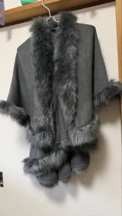 ファー付き ポンチョ ケープコート グレー 秋冬 羽織り