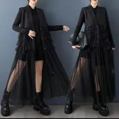 モード系ロングワンピース レース レディース 長袖 前後差 シャツワンピース