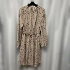 売り切り希望⭐︎【美品】花柄長袖ワンピース ベージュ ウエストリボン 春秋