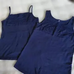 コットンキャミソール　 タンクトップ2枚セット　ネイビー　レース
