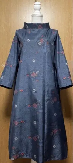 着物リメイク　村山大島のAラインワンピース　ロールカラー