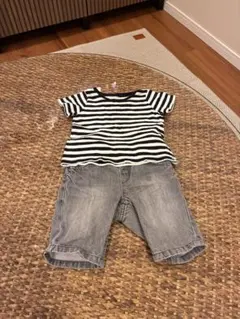 ストライプTシャツとデニムショートパンツセット90