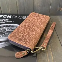 F1■豪華 花和柄 カービング 本革 無双 財布■ラウンドファスナー■茶ブラウン