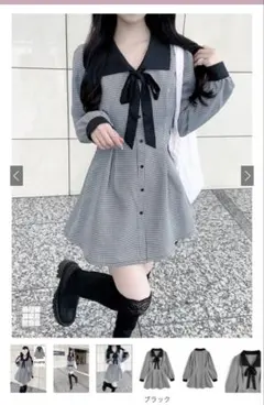 配色リボン千鳥柄ミニワンピース【tg851a】 GRL グレイル