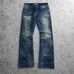 y2k faded flare denim paint splatter