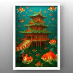 開運招く竜宮城の金魚　額縁付き　幸福のグラフィック