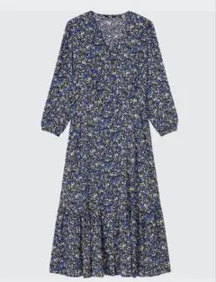 UNIQLO 花柄 プリントVネックフレアワンピース 七分袖