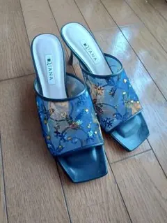 DIANA 刺繍入り青色オープントゥサンダル　ゴッホ