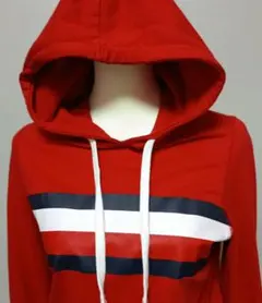 TOMMYシンプル レッドストライプパーカー、 フード付き