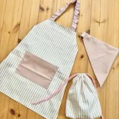 巾着セット★子供エプロン 120 〜 130 三角巾セット☆ シンプルストライプ