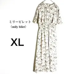 ミリービレット XL 花柄フレア袖ロングワンピース 総柄 ベージュ系
